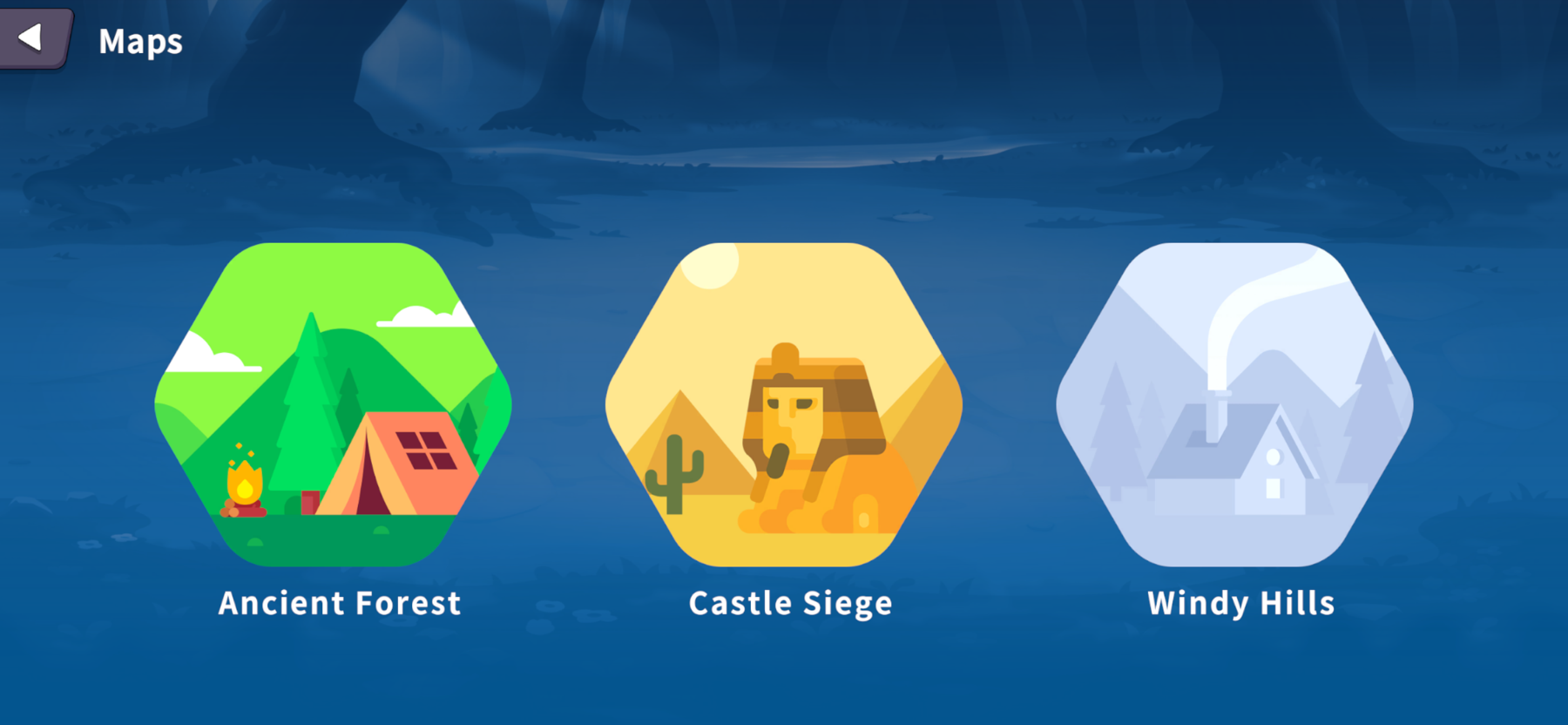 Battle of Plans map selection — Ancient Forest, Castle Siege, Windy Hills